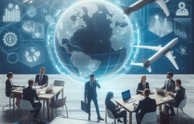 Uma equipe de profissionais em uma sala de reuniões moderna, discutindo estratégias globais de negócios, com um globo digital interativo e aviões em segundo plano.